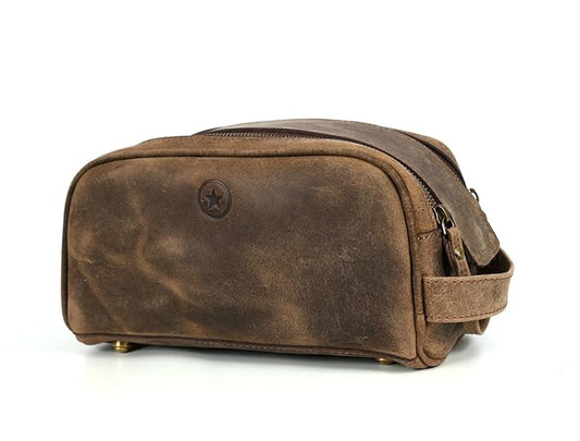 10" Premium Leather Toiletry Travel Pouch With Waterproof Lining Black Color | King-Size Handcrafted Vintage Shaving Kit By Aaron Leather Goods (Brown)