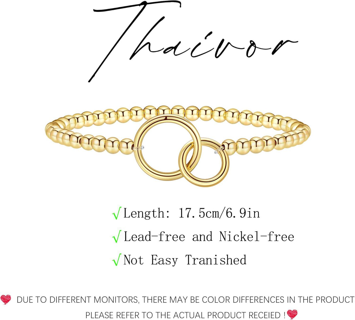 Beaded Bracelets for Women 14K Silver Gold Plated Stretch Handmade Ball Bracelets Cute Charm Bracelet Dainty Stackable Cross Heart Bow Wave CZ Circle Trendy Jewelry Easter Gifts (double-circle)