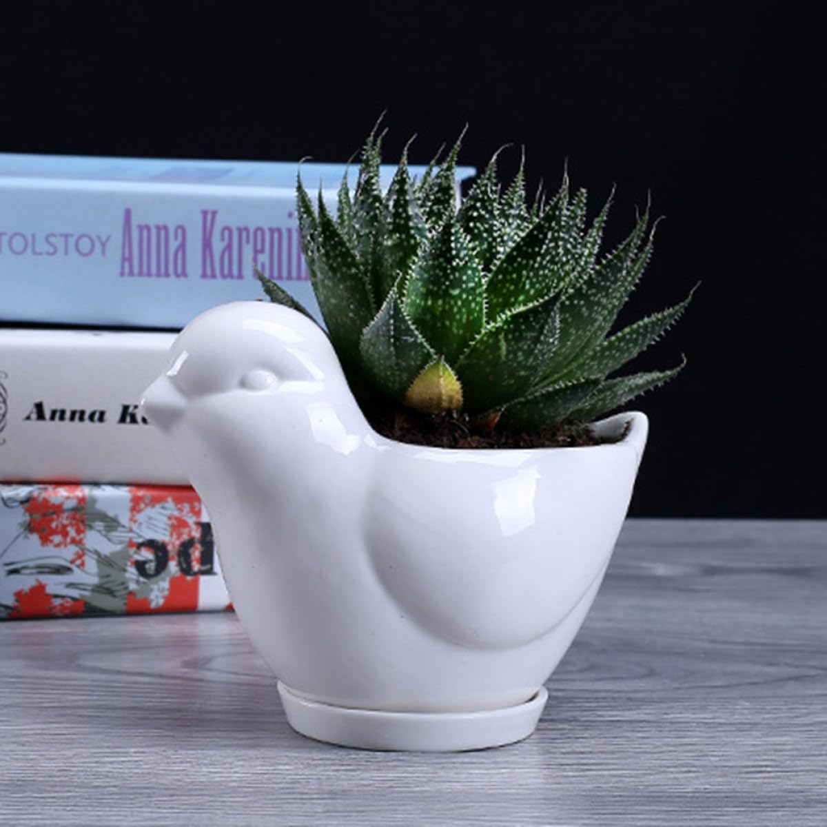 GLEAVI Ceramic Succulent Plant Pot Bird Shape with Tray Small White Flower Pot Indoor Desktop Planter for Home Office Garden Decoration