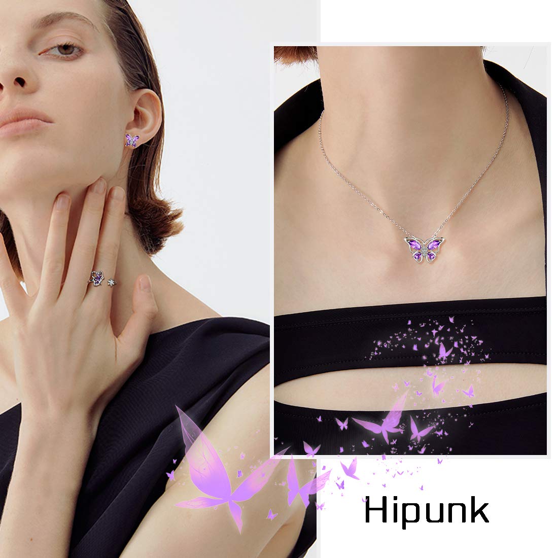 Hipunk Butterfly Purple Jewelry Sets Birthstone Women 925 Sterling Silver Februsry-Amethyst Birth Stone Animal Butterflies Jewelry Sets/Earring/Ring Set Crystal Birthday Jewelry SS0002F