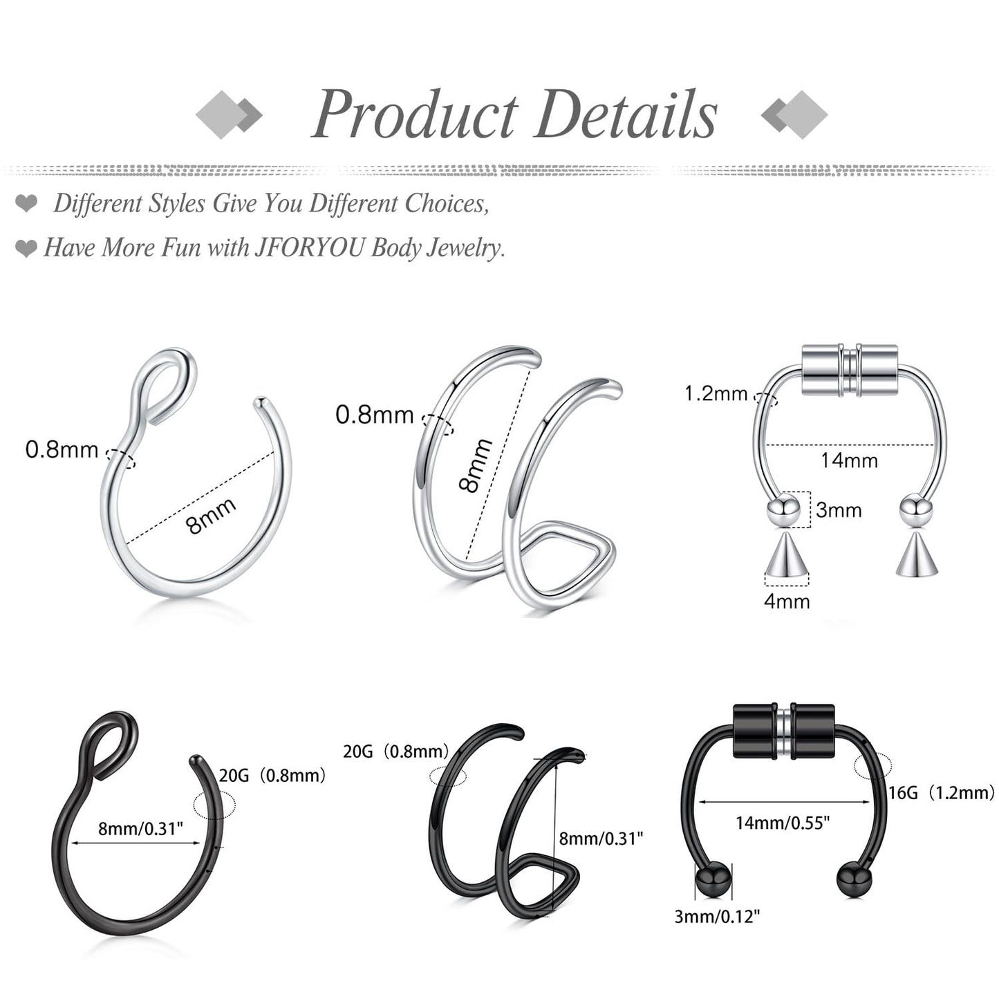 JFORYOU FORYOU Fake Nose Ring Fake Septum Fake Nose Piercing Rings for Women Faux Nose Piercing Clip on No Pierced Non Piercing Faux Body Piercing Jewelry for Women Men