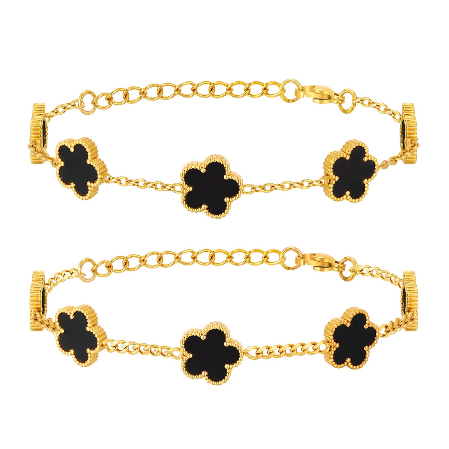 VNOX 2 PCS Floral Bracelets for Men Women -Womens Mens Stainless Steel Gold Cuban Chain Link Bracelet Lucky Charm Four Clover Flower Bracelets Trendy Jewelry Gifts，7