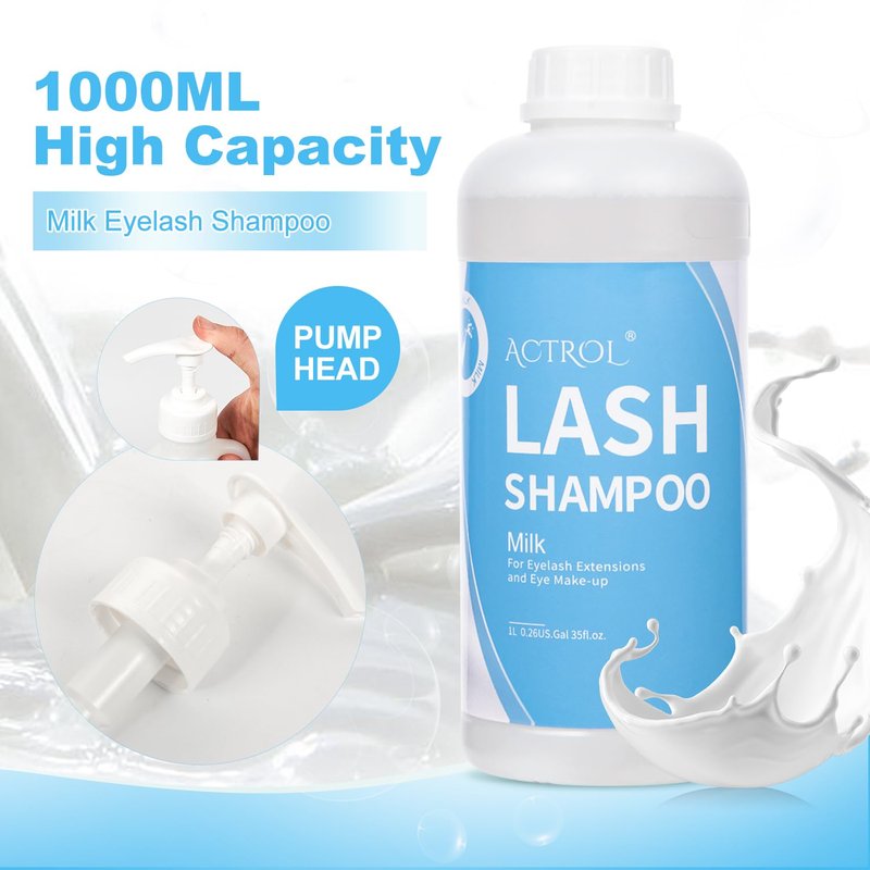 ACTROL Eyelash Extension Cleanser Milk 1L Natural Lash Extension Shampoo Professional Eyelid Foaming Cleanser Paraben & Sulfate Free Non-lrritating with Salon and Home Care
