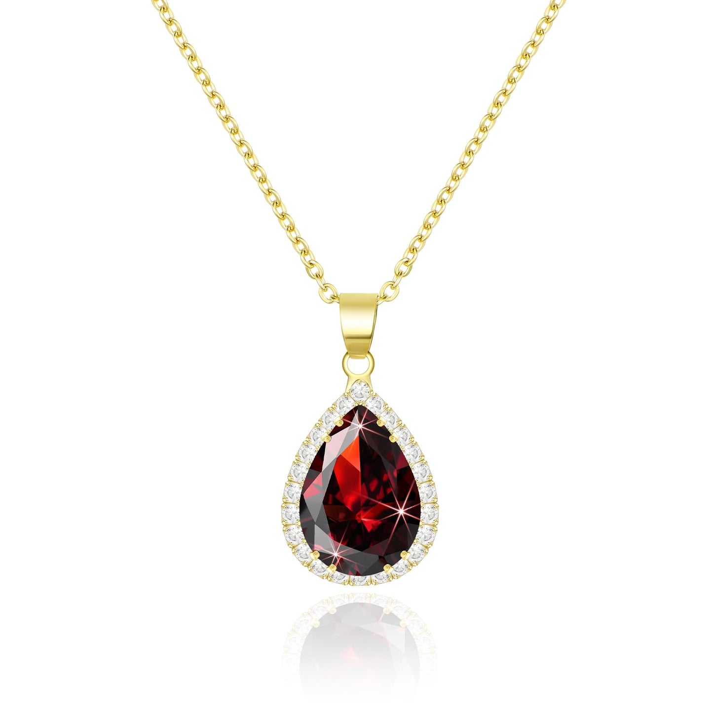 Linawe Ruby Necklace for Women Trendy, Red Crystal Pendant Gold Chain Necklace, Boho Imitation Diamond Cubic Zirconia Birthstone Rhinestone CZ Preppy Costume Jewelry Set