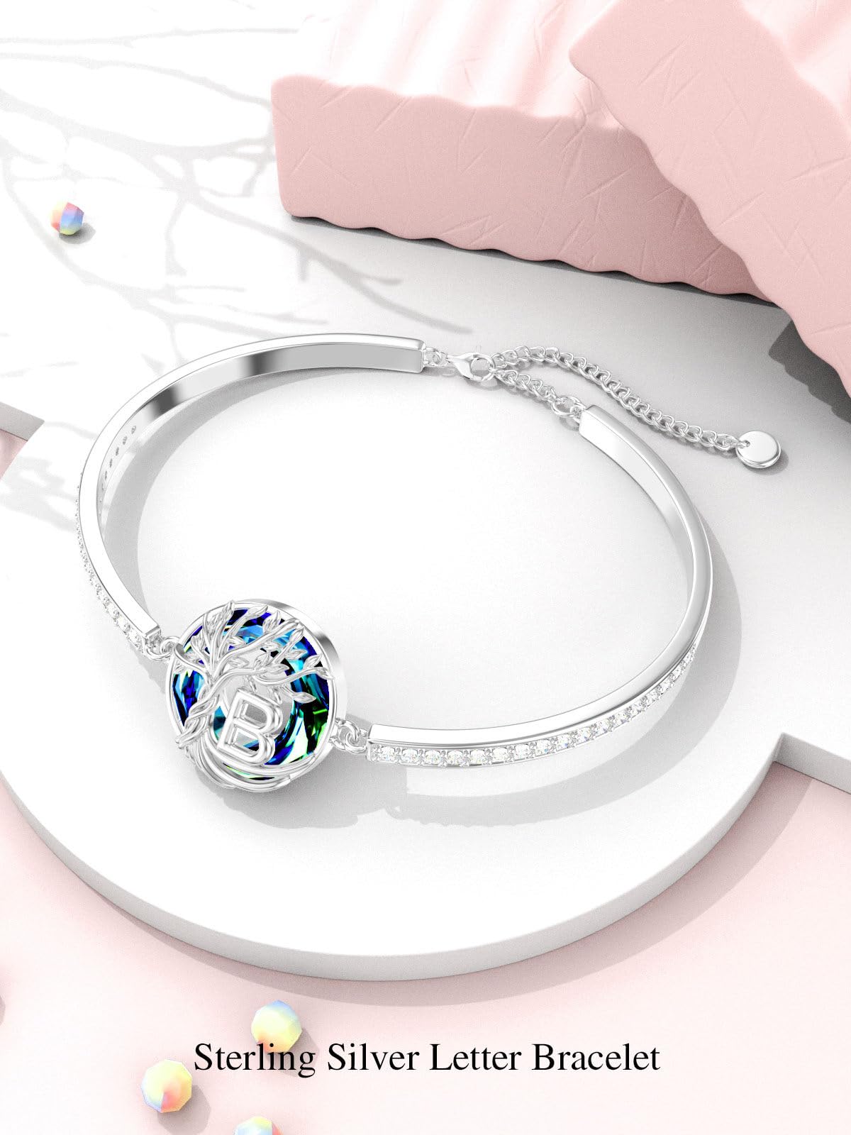 TOUPOP Tree of Life Bracelet Sterling Silver Initial B Letter Bangle Bracelet Family Tree Blue Crystal Jewelry Mothers Day Birthday Gifts for Women Mom Wife