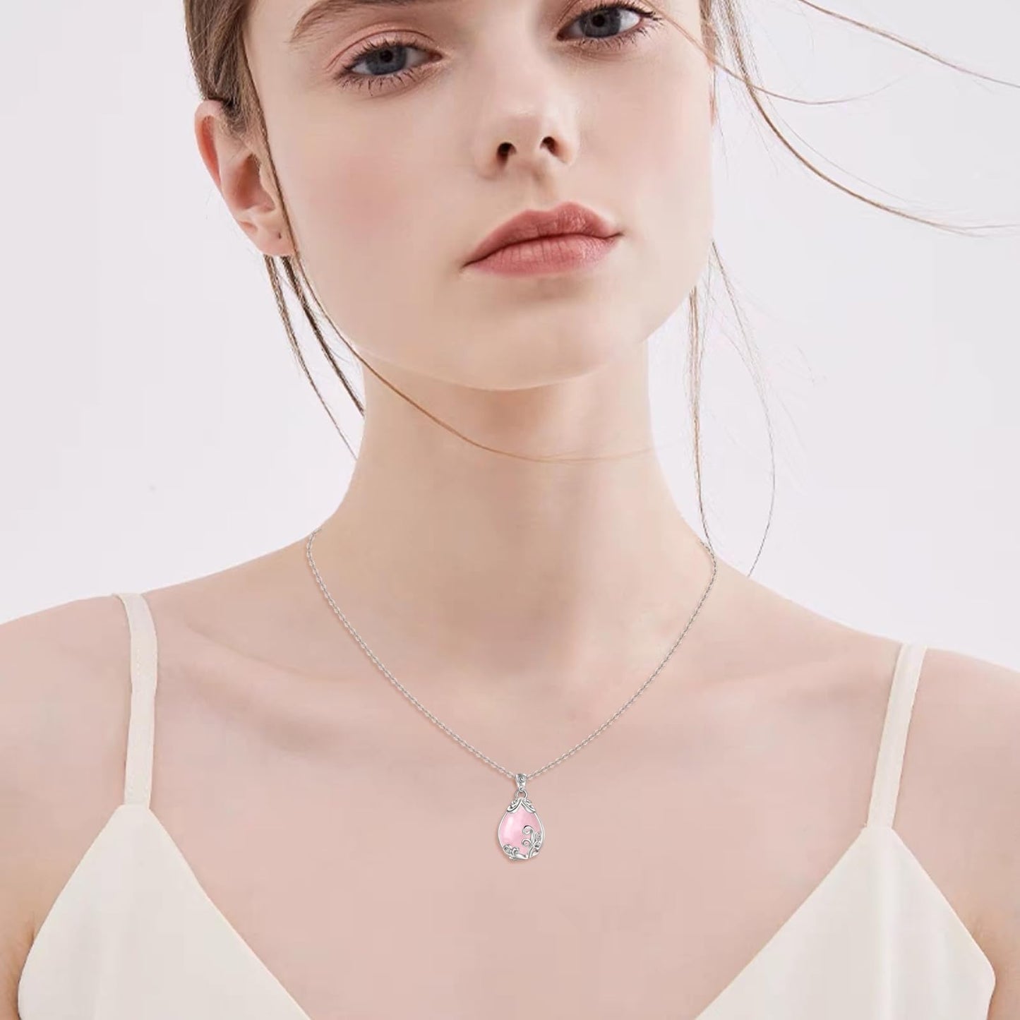 POPLYKE Sterling Silver Rose Quartz Filigree Teardrop Pendant Necklace Pink Gemstone Crystal Jewelry for Women