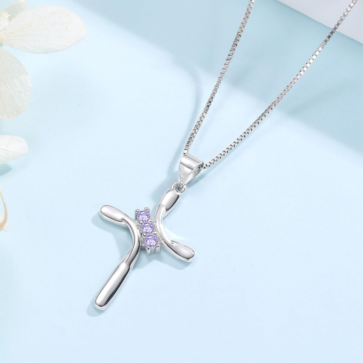 EVERU S925 Sterling Silver Cross Necklace for Women Birthstone Necklace with Cubic Zirconia 18K Gold Plated Cross Pendant Jewelry Ideal Gift Light Purple Alexandrite June
