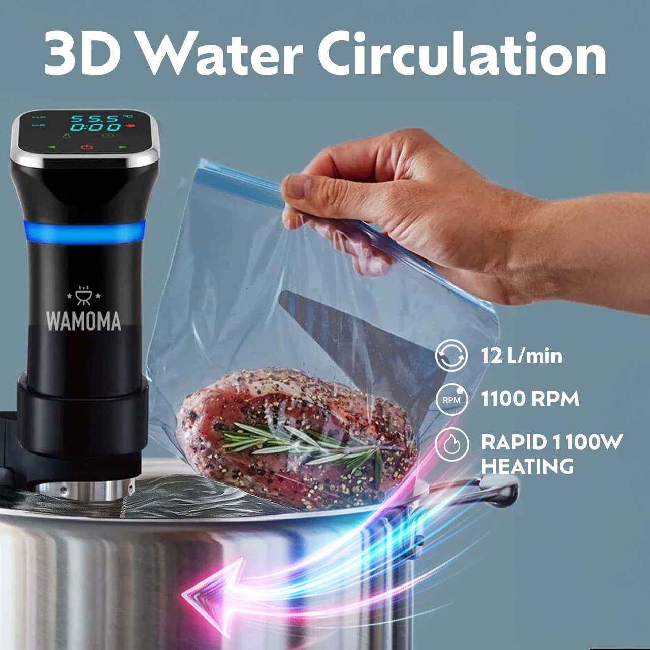 Wamoma Sous Vide - Precision Cooker with Immersion Circulator & Free Cookbook, 1100W Ultra-Quiet Motor, IPX7 Waterproof, Smart Chip Technology, Perfectly Cooked Meals, Universal Clip Design