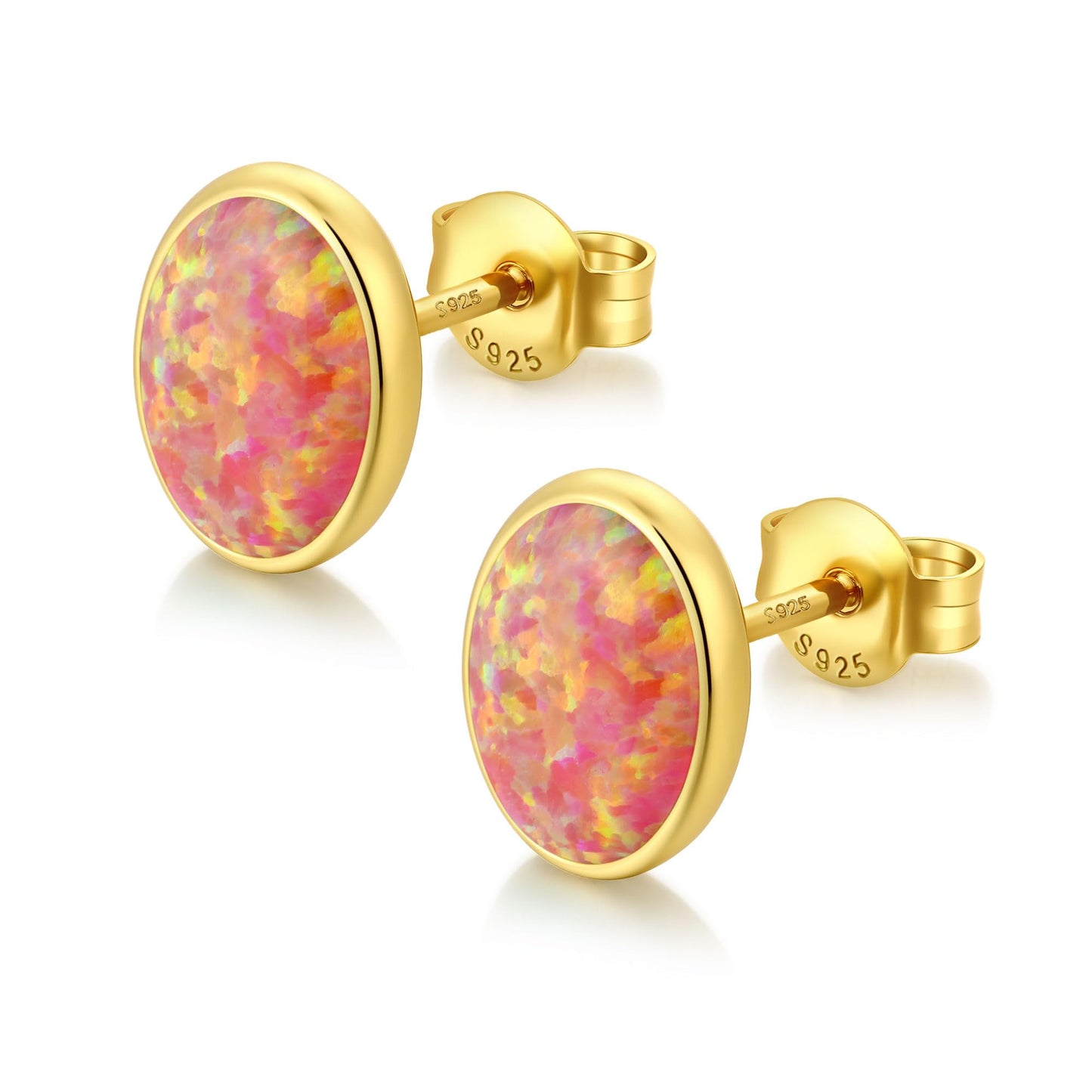 JiayangJY Silver Red Fire Opal Stud Earrings for Women 18K Yellow Gold Plated Sterling Silver Oval Shape 7mm Opal Earrings with Push Back
