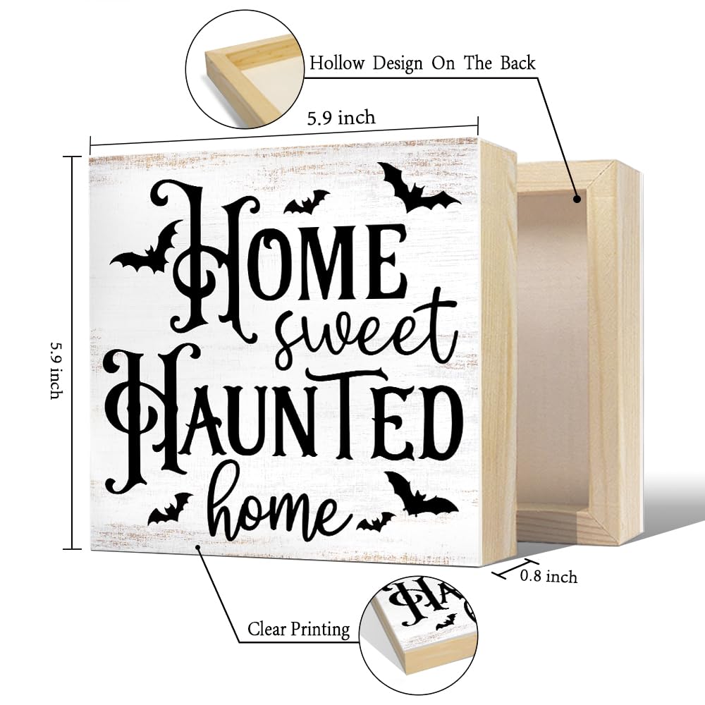 Sixrip Home Sweet Haunted Home Halloween Wooden Box Sign, Funny Halloween Office Desk Decor for Family Friend Coworker, Bat Wooden Box Sign Plaque for Shelf Bathroom Table Indoor