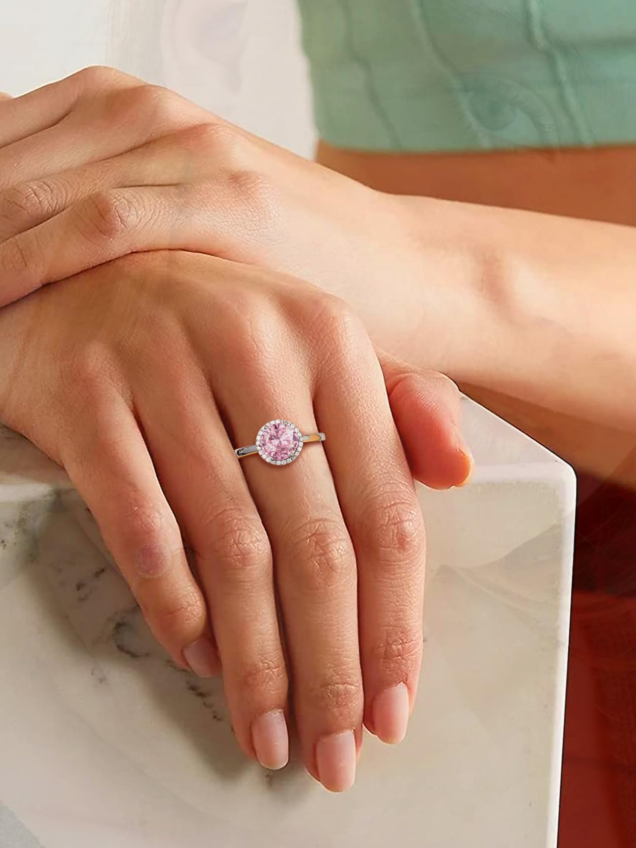 Bestyle Infinity Love Round October Pink Tourmaline Gemstone Rings with Sparkling CUbic Zirconia, Brilliant Love Round Diamond Halo Rings Statement Jewelry for Women