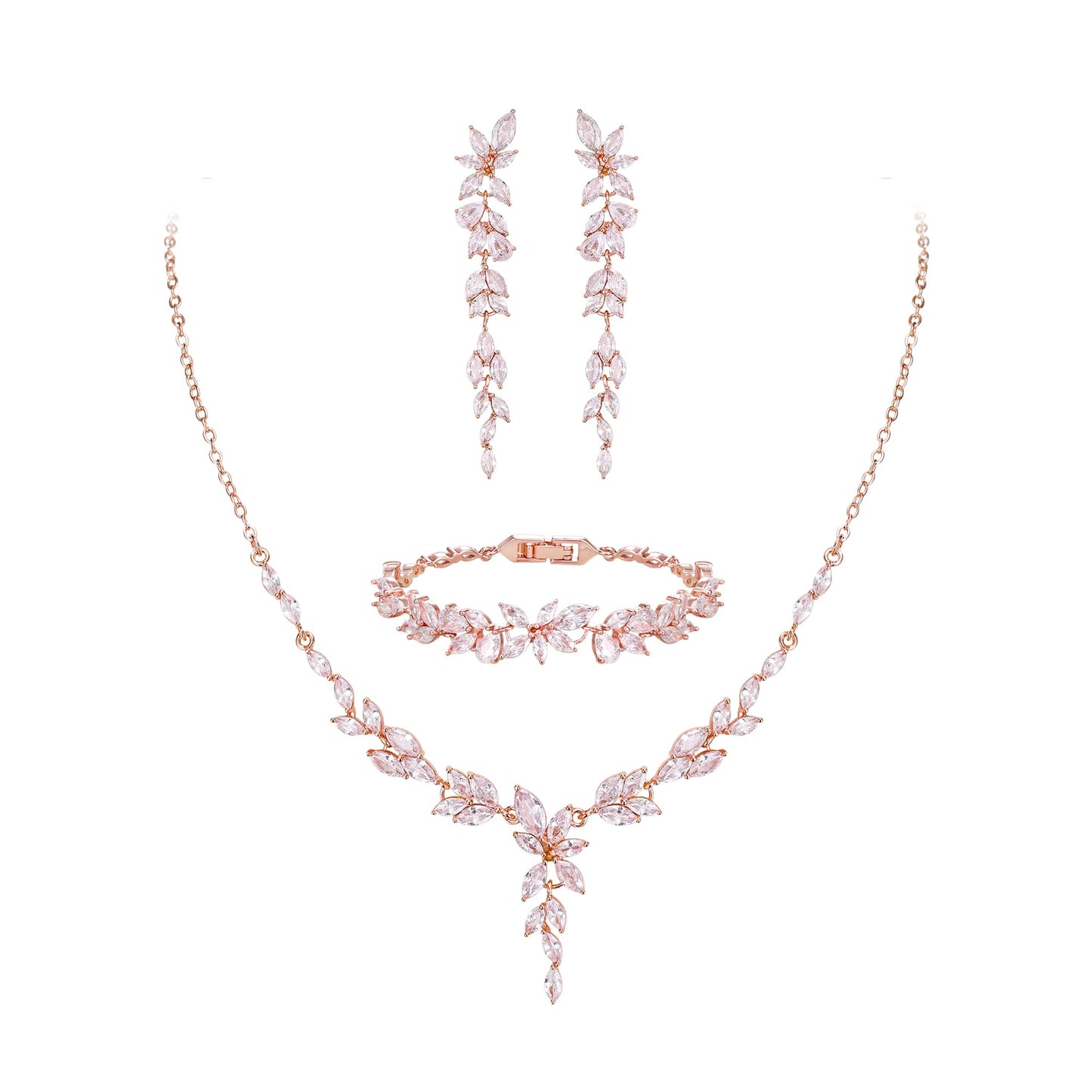 EVER FAITH Cubic Zirconia Bridal Jewelry Set for Bride Bridesmaid, Marquise Leaf Flower Wedding Prom Necklace Dangle Earrings Bracelet Sets for Women Clear Rose Gold-Plated-Brass