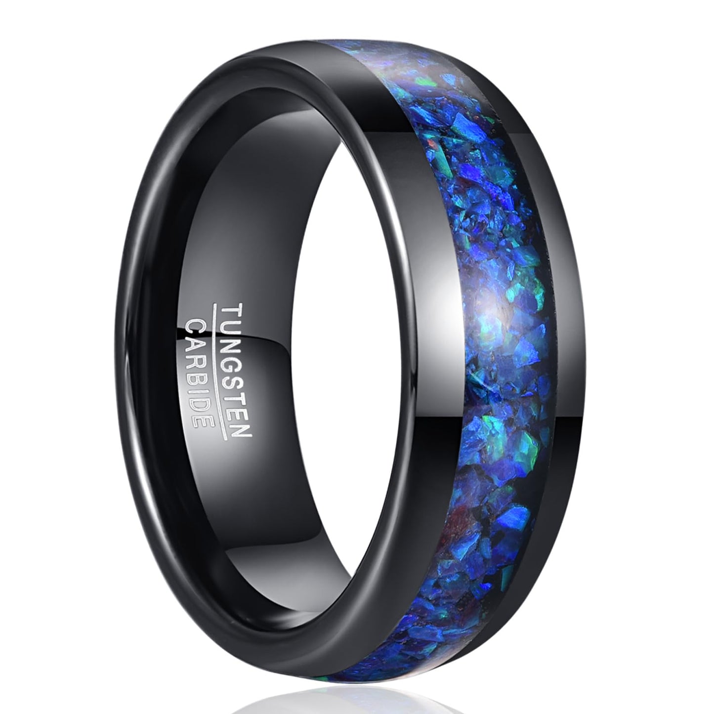 NUNCAD Men's Ring 8mm Tungsten Black with Blue Opal - Comfort Fit, Sizes 12