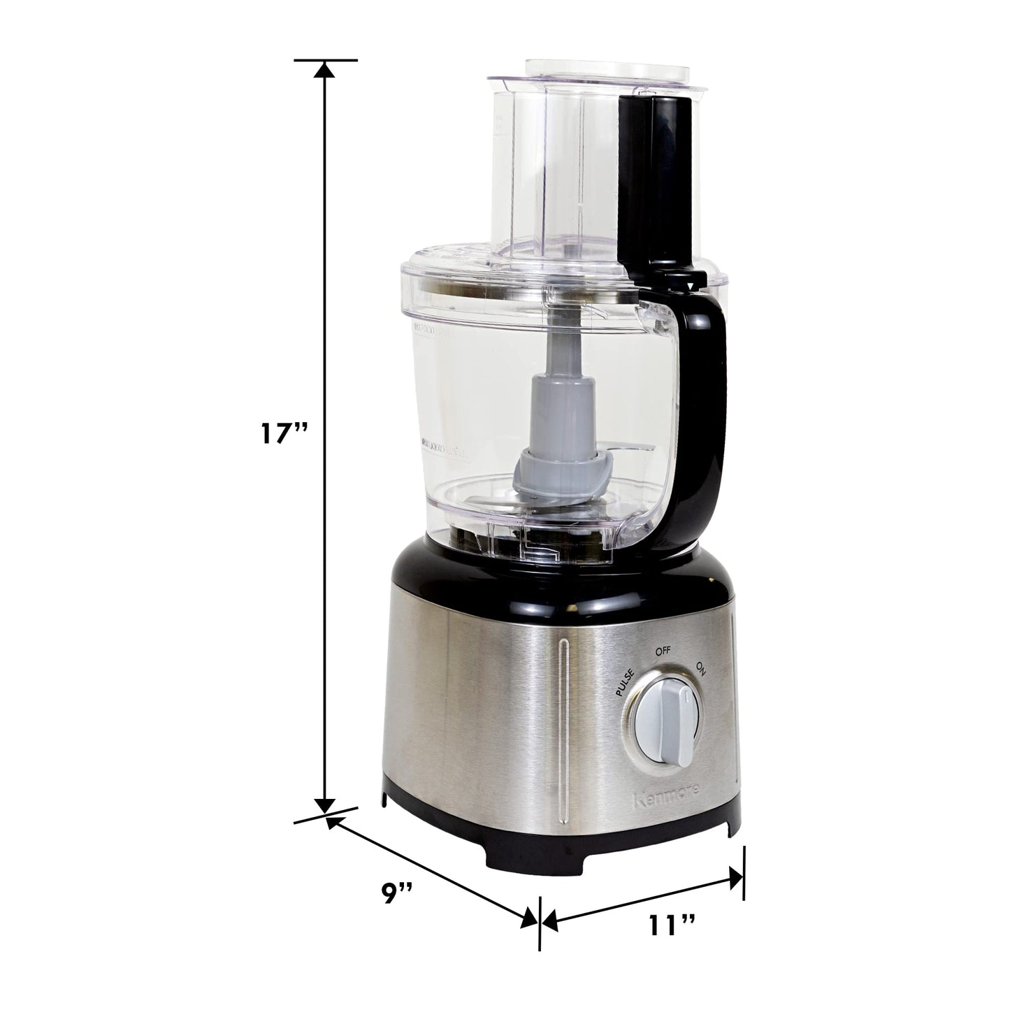 Kenmore Food Processor and Vegetable Chopper with Reversible Slicing/Shredding Disc, Chop, Slice, Shred, Mince, Grate, Puree, Stainless Steel, 11-Cup, 500W, Black and Silver