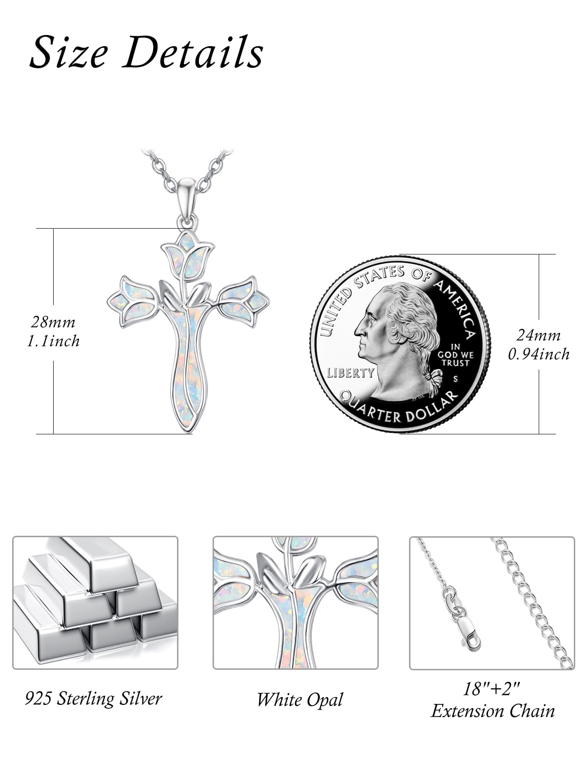 Dreamboat Opal Cross Necklace for Women Sterling Silver Cross Pendant Christian Necklace Tulip Rose Faith Confirmation Gifts Religious Jewelry for Mom