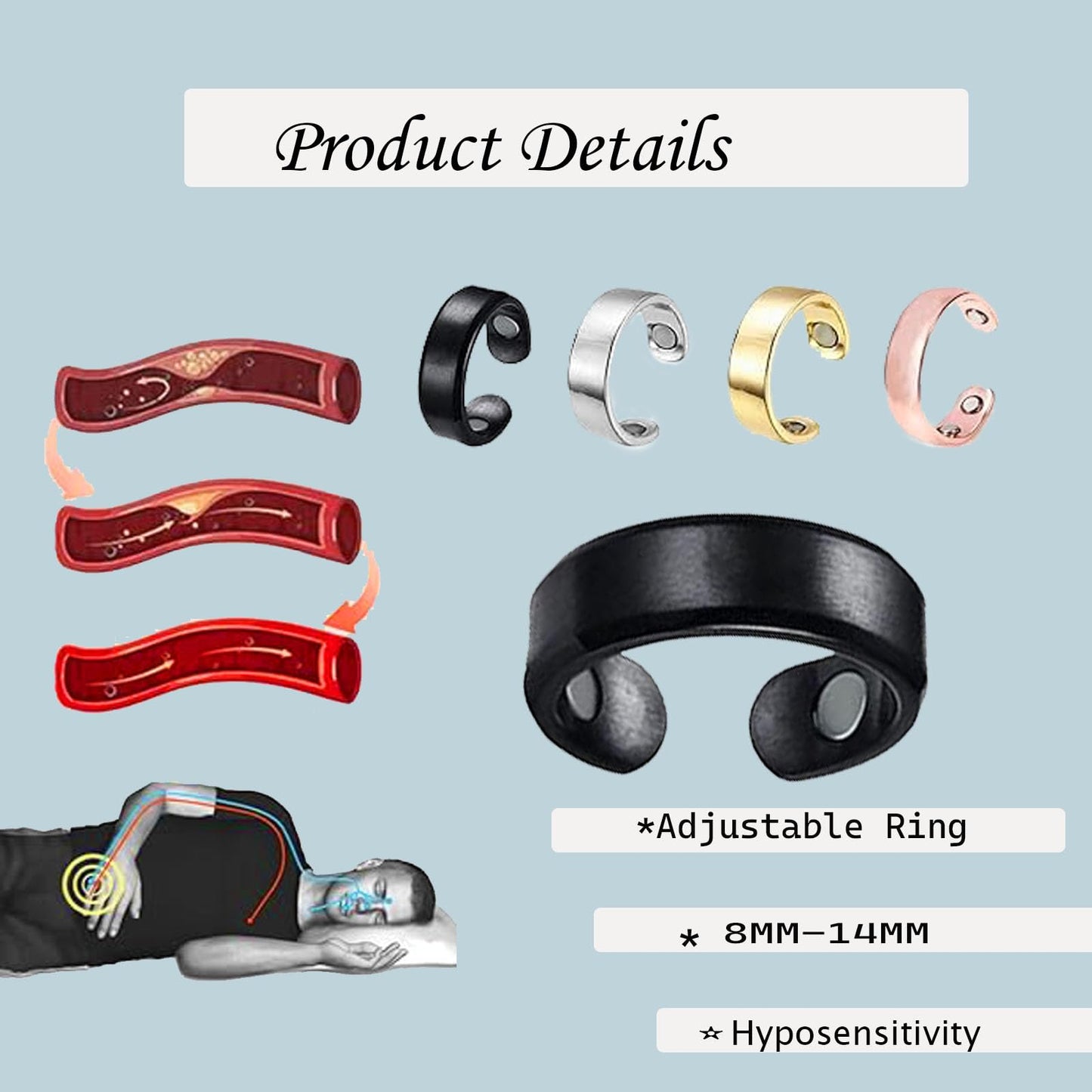 tanguan Auvulis Migraine Ring，Lymphatic Vitality Magneti Rings for Women Men Anti Snoring Ring Migraine Relief Jewelry Stainless Steel Adjustable Calmi Rings (Rose)