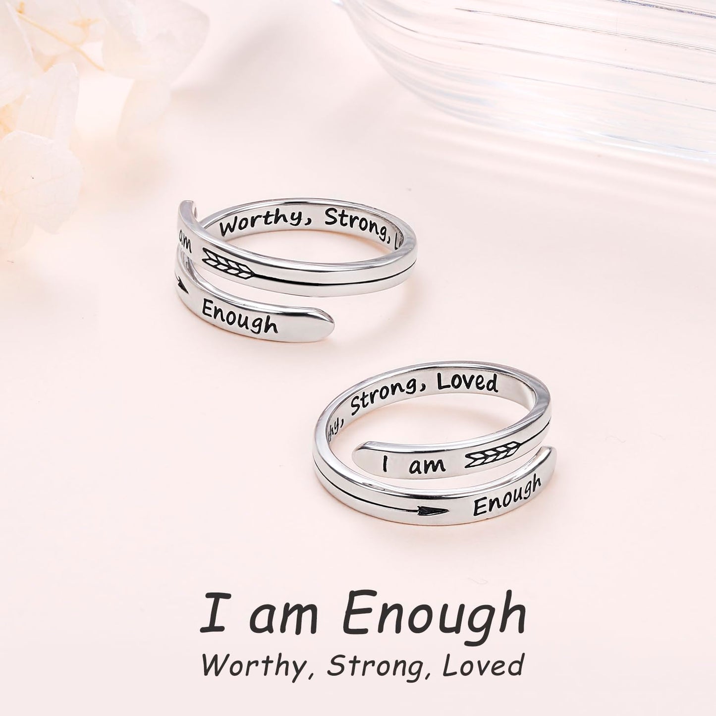 Ladytree Adjustable Inspirational Rings 925 Sterling Silver Stacking Wrap Spiral Twist Statement Band Encouragement Jewelry Birthday Gift for Women Men(I am Enough Worthy,Strong,Loved)