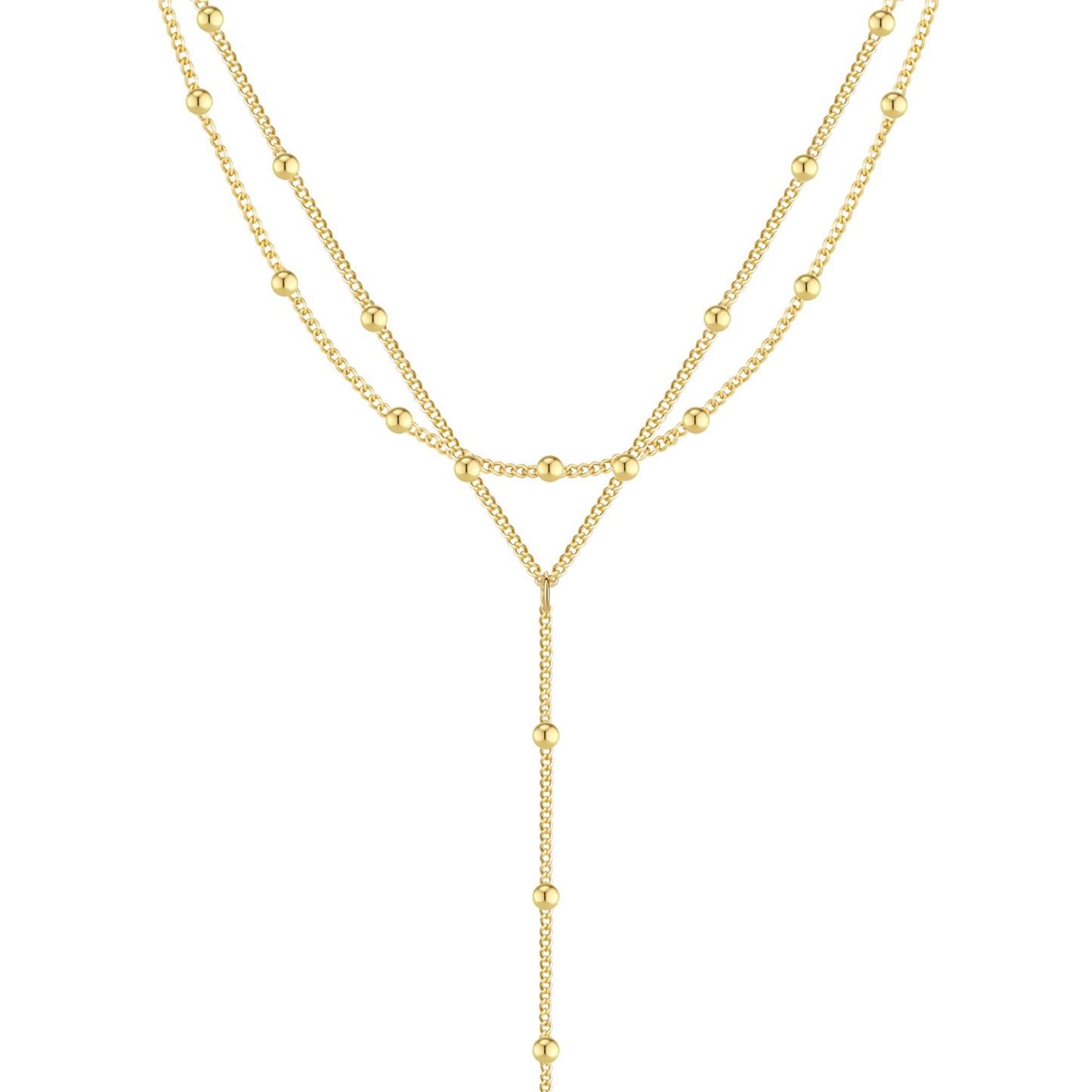 Lariat Gold Necklace for Women Waterprooof, Layered Long Necklaces 14k Gold Plated/Silver Y-Shaped Beaded Chain Drop Necklace Body Chain Trendy Beach Accessories Fashion Gold Jewelry for Women Gift