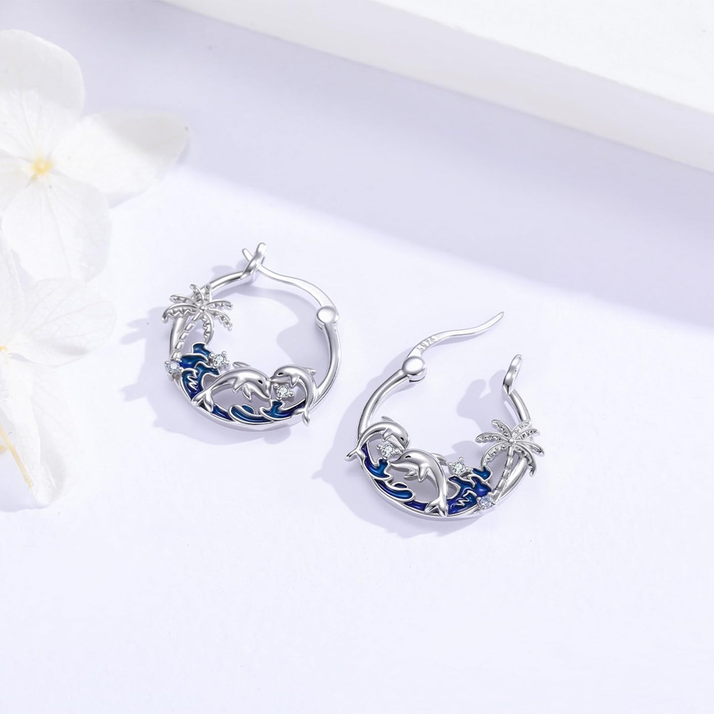 Dolphin Earrings 925 Sterling Silver Ocean Palm Tree Hoop Earrings Beach Themed Summer Jewelry Dolphin Graduation Gifts for Women Daughter Her