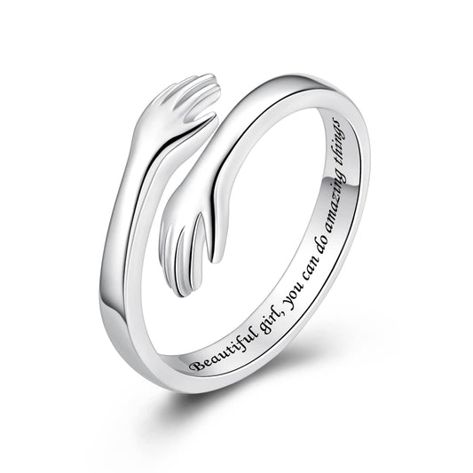 ACJFA Hug Rings for Women Sterling Silver Adjustable Ring for Women Daughter Hand Ring Jewelry for Birthday Gifts Holiday Gift for Teens(Beautiful *, you can do amazing things)