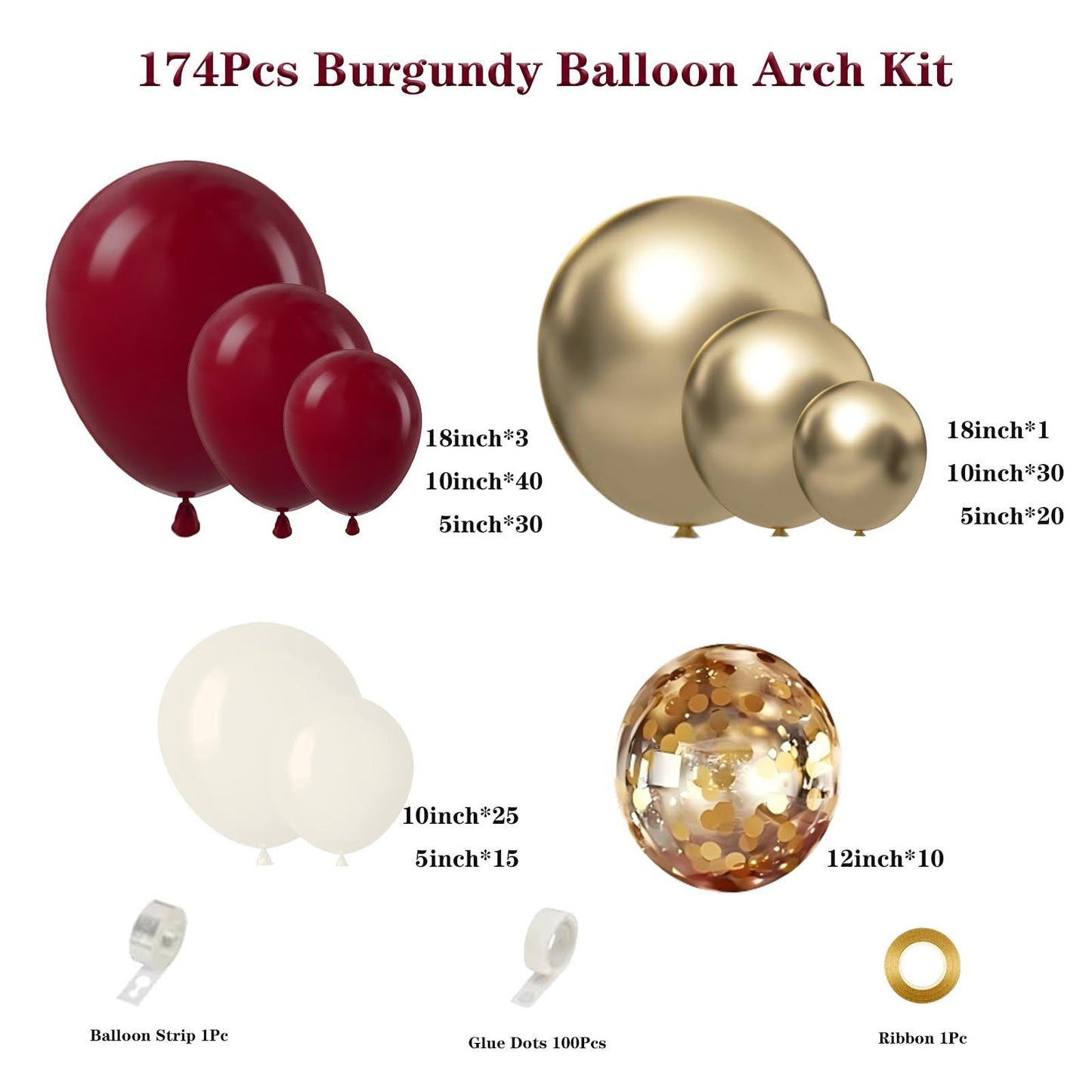 Burgundy Balloon Garland Arch Kit, 174Pcs Burgundy Maroon Gold Sand White Confetti Balloons for Christmas Birdal Shower Graduation Birthday Party Decorations