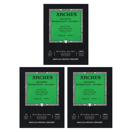 Arches Watercolor Paper Pad, 140 Pound, Cold Press, 9"x12", 12 Sheets/Pack, Case of 3 Packs