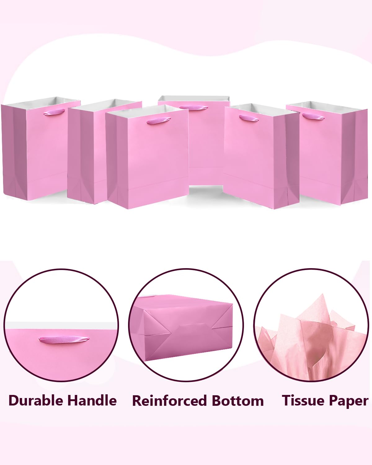 qiqee 24pcs Pink Gift Bags with Tissue Paper for Wedding, Birthday, Party Supplies-4.7"x6.3"x2.4" Small Size Cardboard Gift Bags（24pcs Bags + Tissue Paper ）