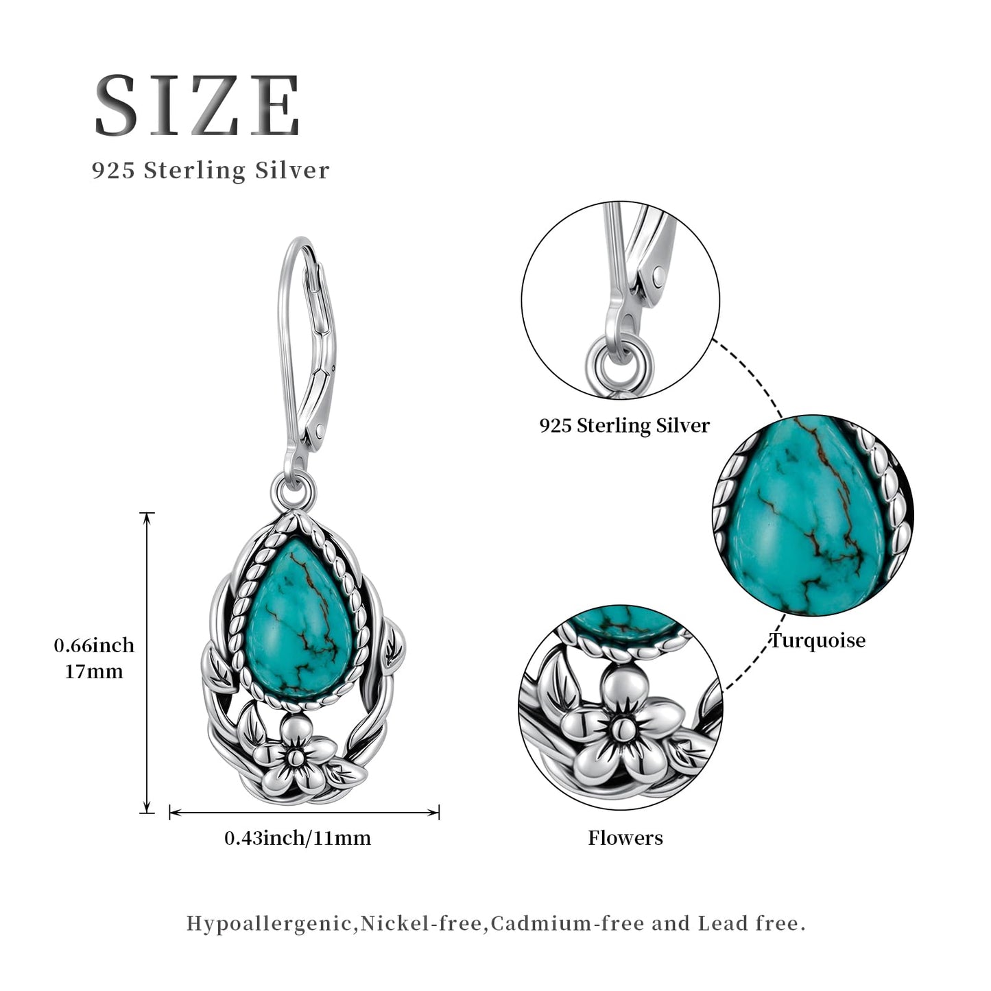 Eetaitai Natural Turquoise Flower Earrings for Women 925 Sterling Silver Teardrop Leverback Dangle Earrings Western Vintage Boho Jewelry Mothers Day Gifts for Mom Wife Sister