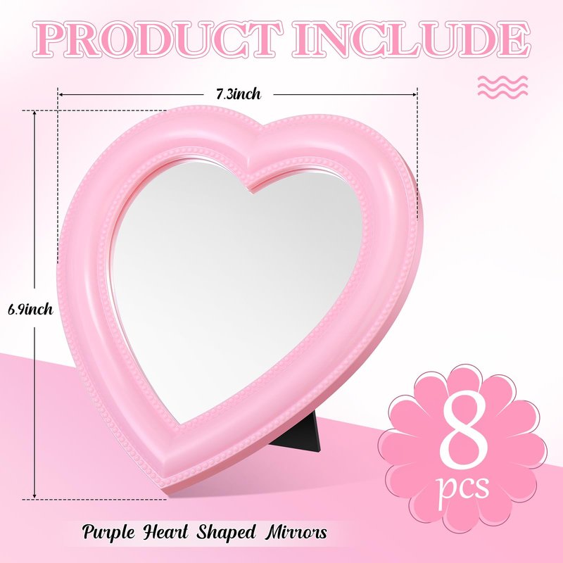 GlikCeil 8 Pcs Spa Party Supplies 8 Heart Mirror Pink Makeup Mirror for Women Sleepover Party Spa Slumber Birthday Favor