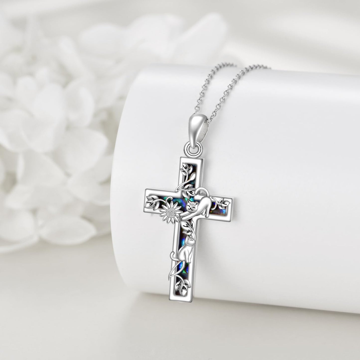 YFN Sunflower Cross Necklace Sterling Silver Cat Cross Pendant Abalone Shell Jewelry Religious Christian Baptism Gifts for Her Women