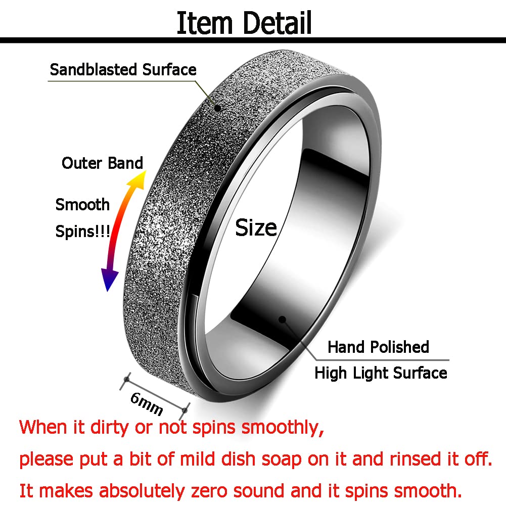 Anxiety Ring for Women Fidget Spinner Ring Fidget Toys Adults Titanium Stainless Steel Thumb Ring 6mm Wide Black Size 9