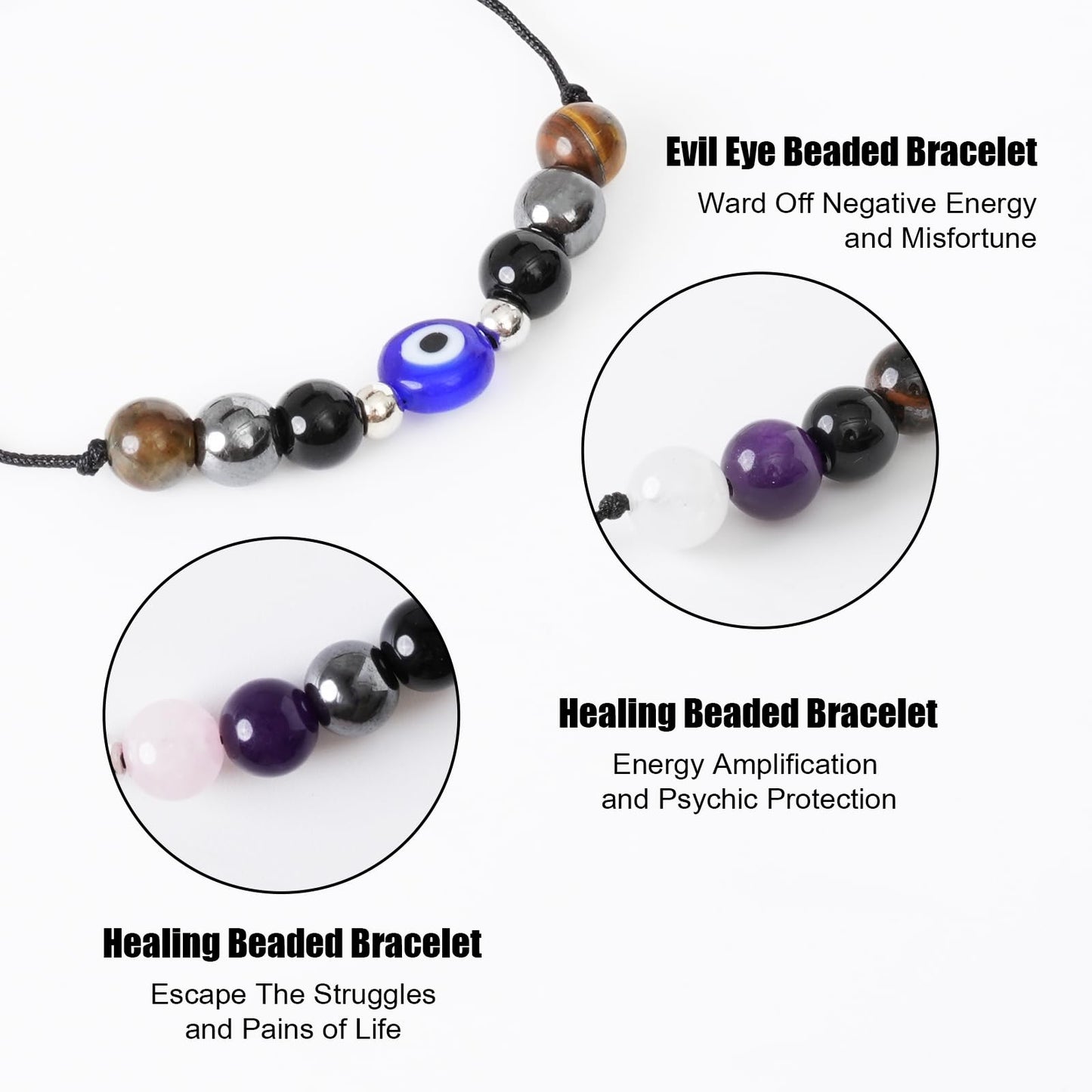 PNNY AMDA Protection Bracelets for Women: Black Obsidian Tourmaline Hematite Evil Eye Beaded Bracelets – Anxiety Bracelet for Women Men Courage Gifts