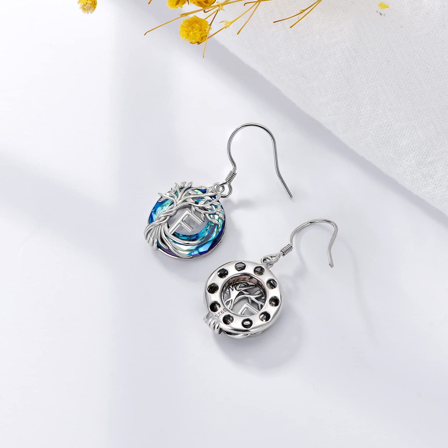 TOUPOP Tree of Life Initial Earrings Sterling Silver Initial F Letter Drop Dangle Earrings Blue Circle Crystal Family Tree Jewelry Birthday Mothers Day Gifts for Women Mom Her