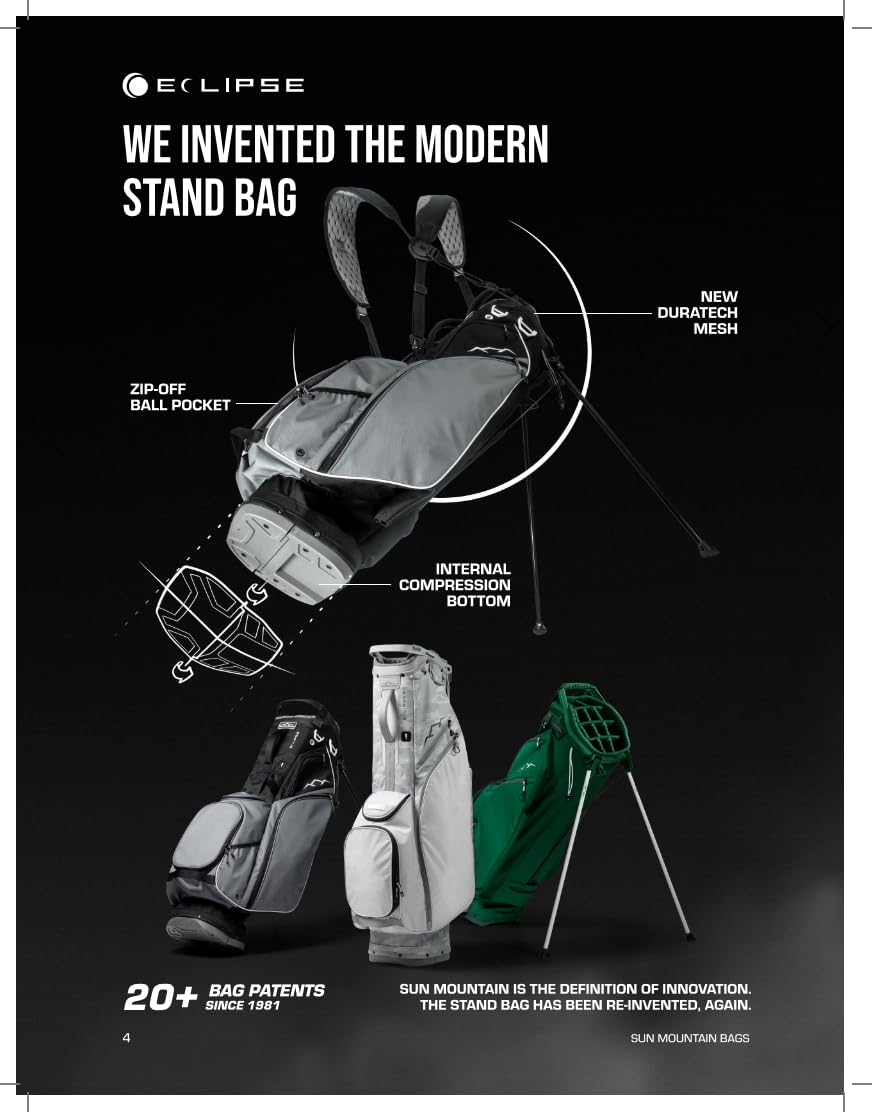 Sun Mountain Men's Eclipse 4.5 LS Lightweight VLO Stand Golf Bag 14-Way Top - 8 Pockets, X Fit Dual Strap System, Push & Electric Cart Compatible Compression Base, 2025 Model - Black