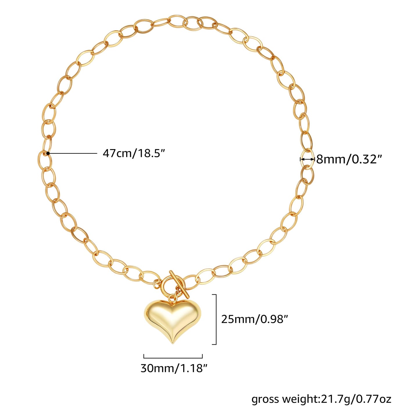 BONJOULRY Chunky Gold Bubble Heart Charm Toggle Necklace for Women, Gold Statement Thick Paperclip Link Chain Puffy Heart Pendant Choker Necklaces for Women Trendy Jewelry Cute 25MM