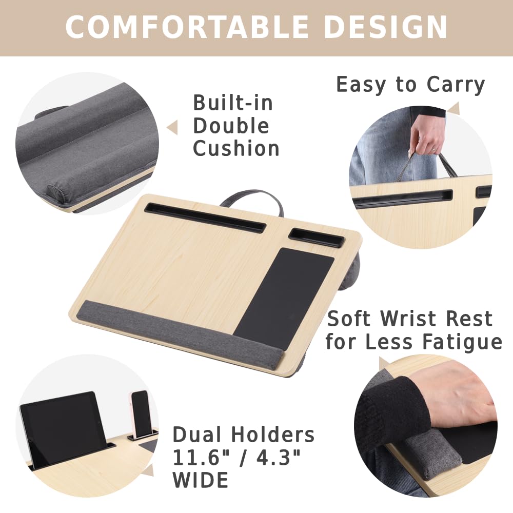 Japard Laptop Lap Desk with Mousepad, Cushion, Wide 21", Fits up to 15.6 inch, Portable Handle, Tablet Pen Phone Holder Wood Natural Home Office Gift