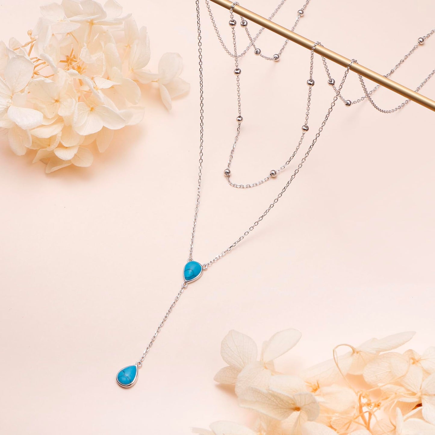 FLYOW S925 Sterling Silver Double Layered Necklace Teardrop Created Turquoise Choker Y Lariat Necklace Mothers Day Birthday Gifts for Women Wife Fiancée