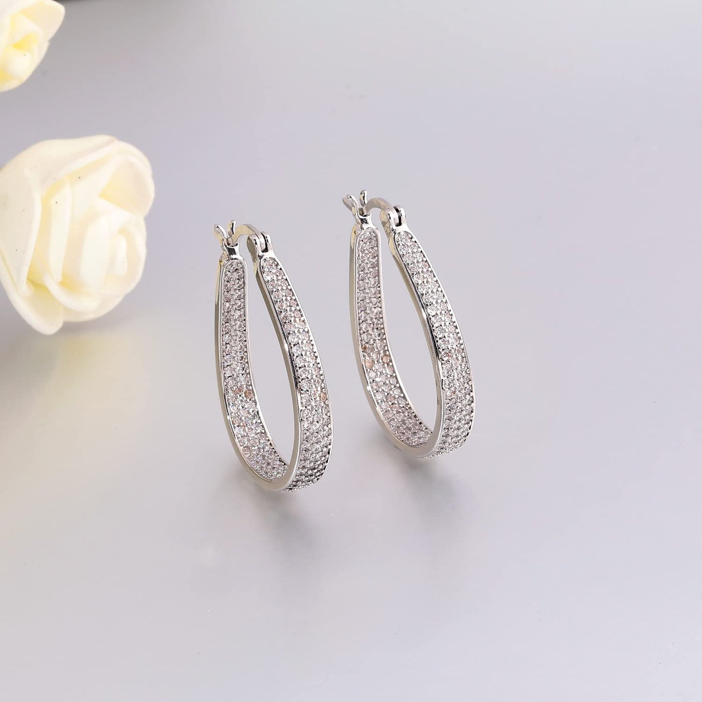 CiNily 925 Sterling Silver Post Big White Cubic Zirconia Hoop Earrings for Women Large Oval Chunky Hoop Earrings 14K White Gold Plated Gemstone Earrings