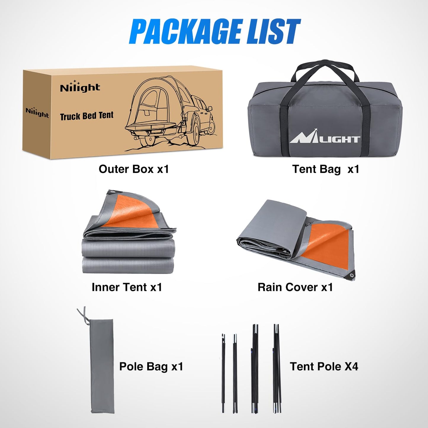 Nilight Truck Bed Tent 5.2-5.8 FT Pickup Tents with Rainfly Waterproof PU2000mm Double Layer Tent for Truck 2-Person Portable Full Size Short Tailgate Bed Tent for Camping Outdoor Travel, Orange Grey