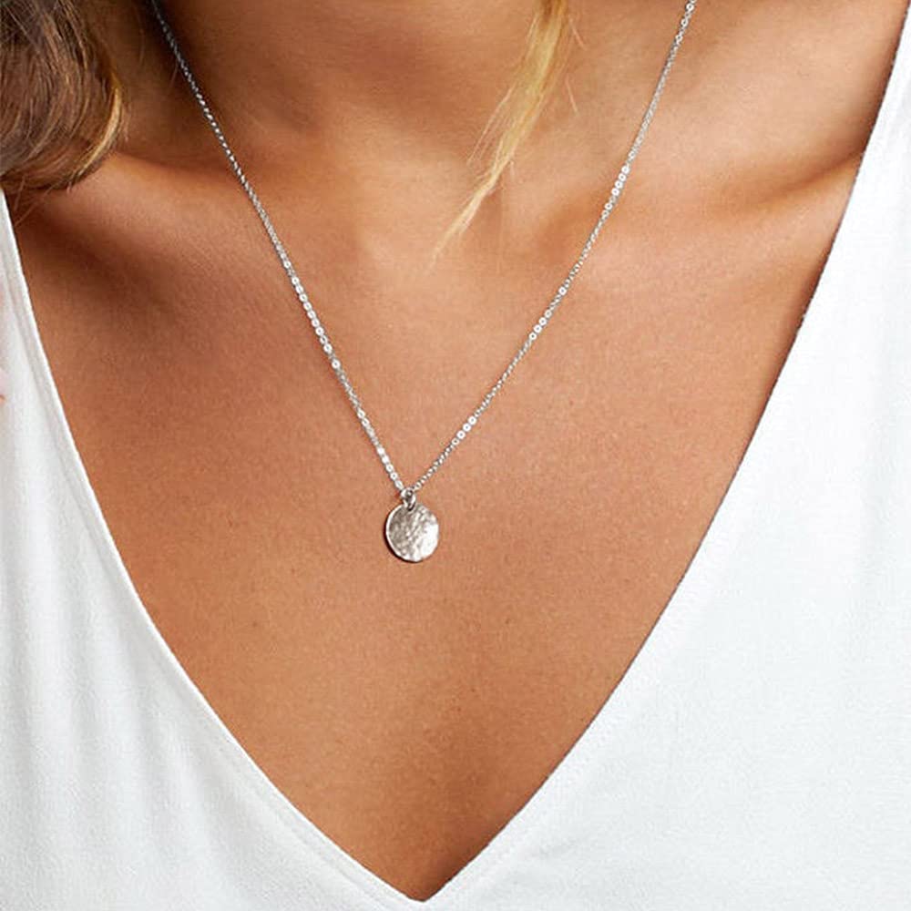 Silver Necklace for Women - Dainty Layering Simulated Pearls Bar Necklace Hammered Disc Pendant Silver Layered Necklaces for Women