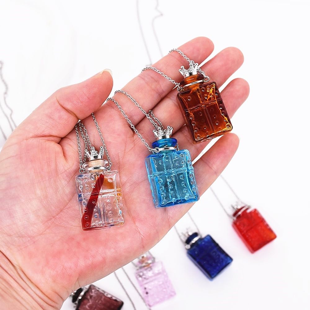 Handcrafted Glaze Glass Square Refillable Essential Oil Necklace Pendant - Aromatherapy Perfume Diffuser Pendant with Stainless Steel Chain (Colorful Clear)