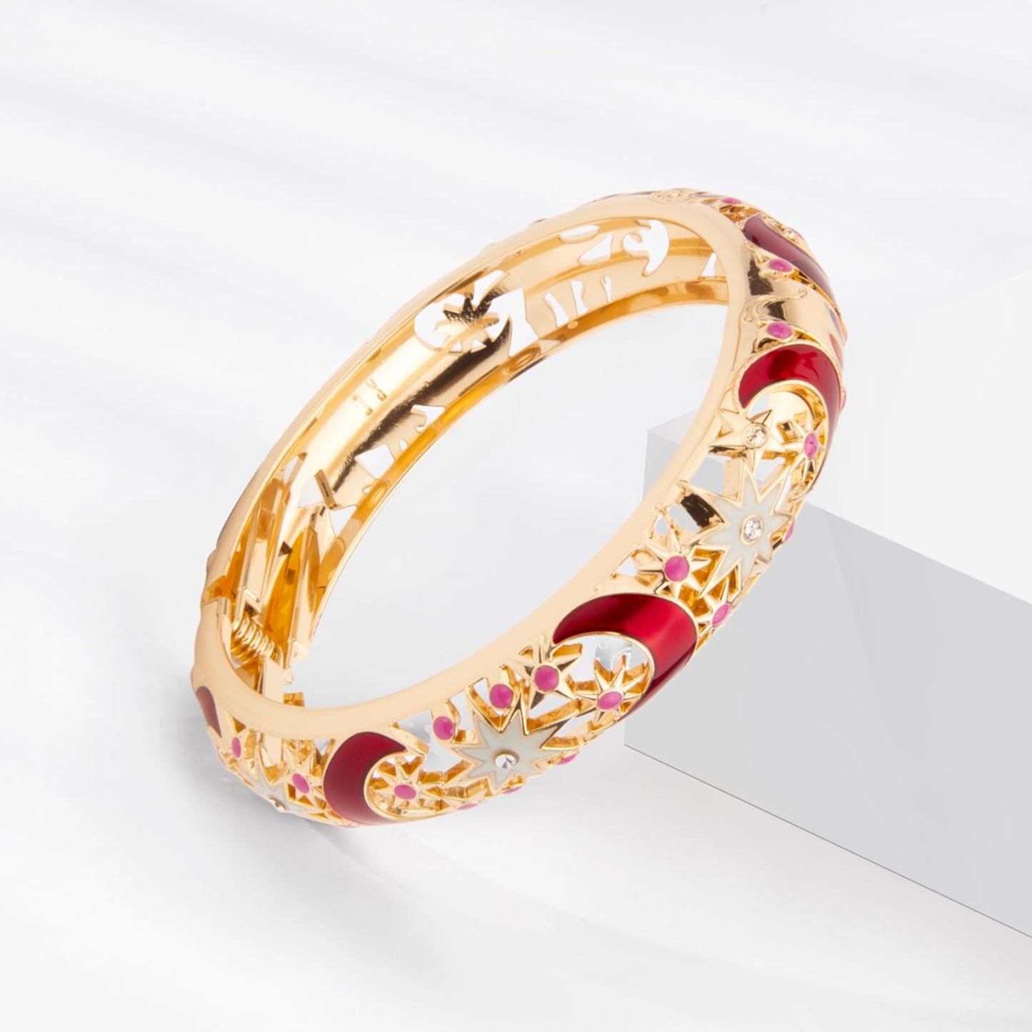 wynameleri Vintage Cloisonne Jewelry Gorgeous Rhinestone Handcrafted Bracelets Enamel Flower Gold Hinged Cuff Bangles Gifts 88A-55A127 red