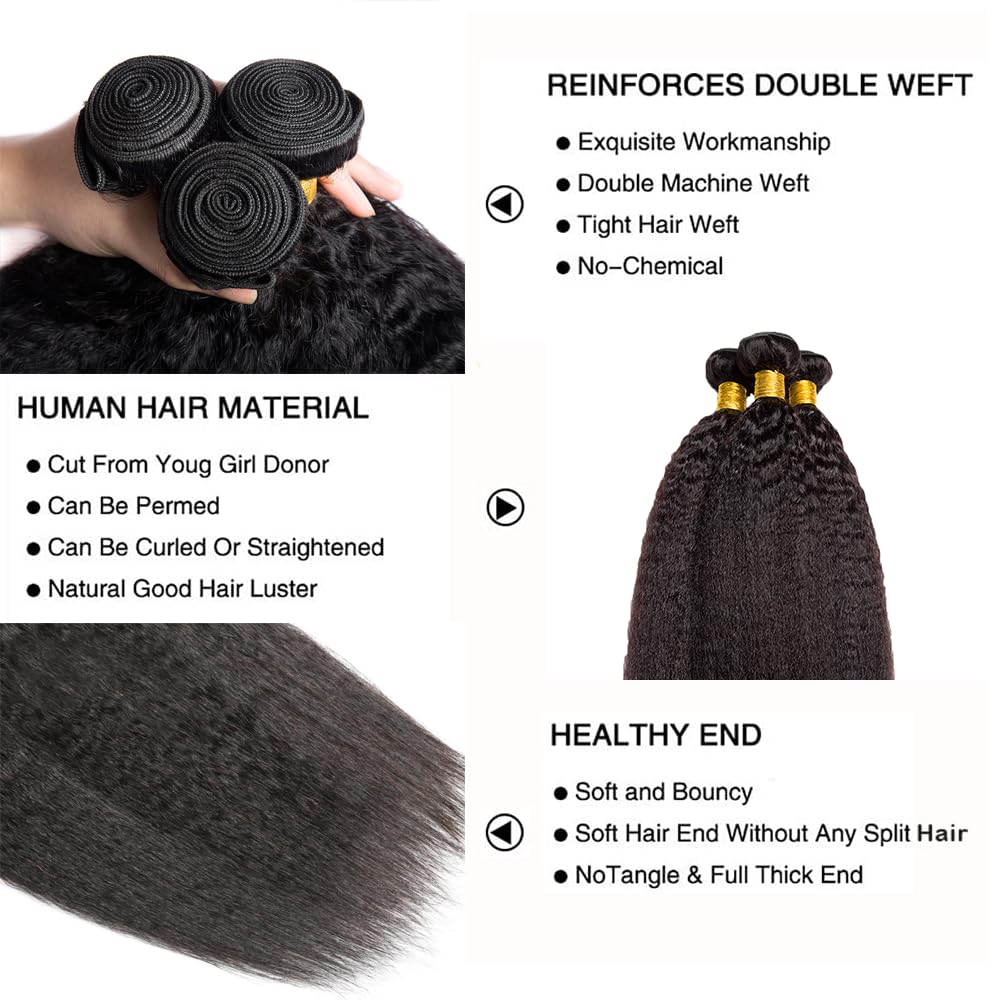 Yaki Straight Human Hair Bundles Kinky Straight Bundles Natural Black Color Double Weft 14 16 18 Inch Yaki Bundle Brazilian Virgin Remy Hair Extensions Quick Weave For Women Deals