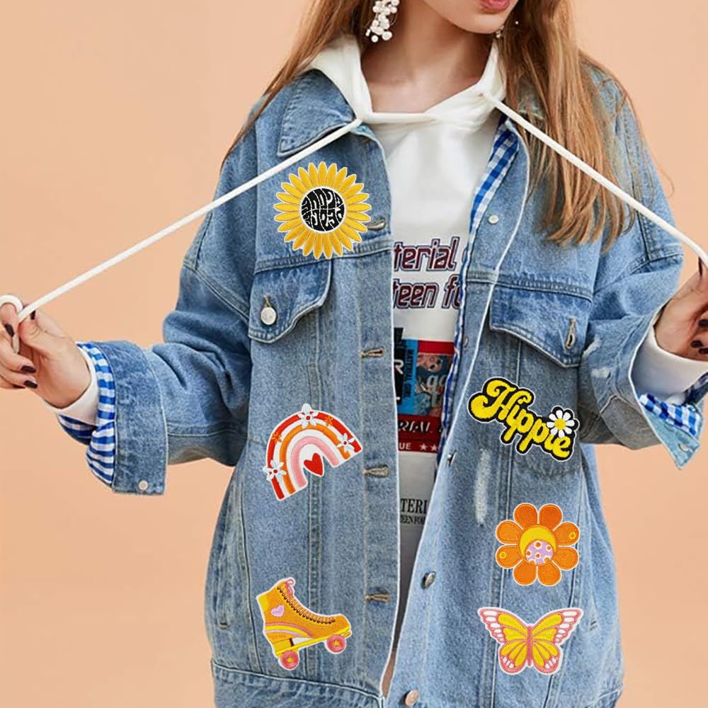 22Pcs Hippie Iron on Patches Groovy Boho Sew on Embroidered Applique Patches Embroidery Repair Decoractive Patches DIY Crafts Sewing Patches Decorations for Clothes Hats Jackets Jeans Backpacks