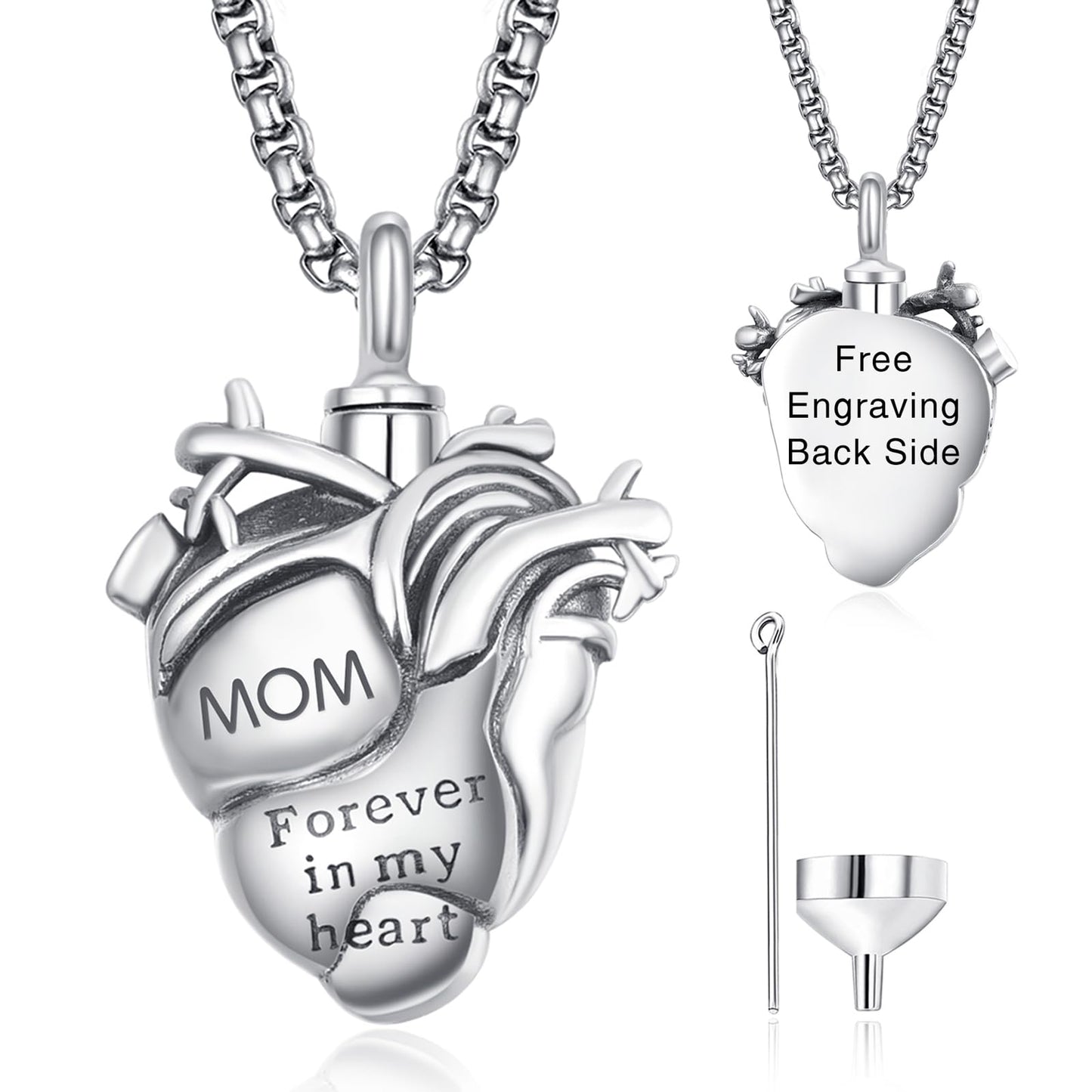 Personalized Anatomical Heart Urn Necklaces for Ashes Sterling Silver Ash Pendants Cremation Jewelry Mom Keepsake Pendant Memorial Jewelry Gifts for Loss of Mom