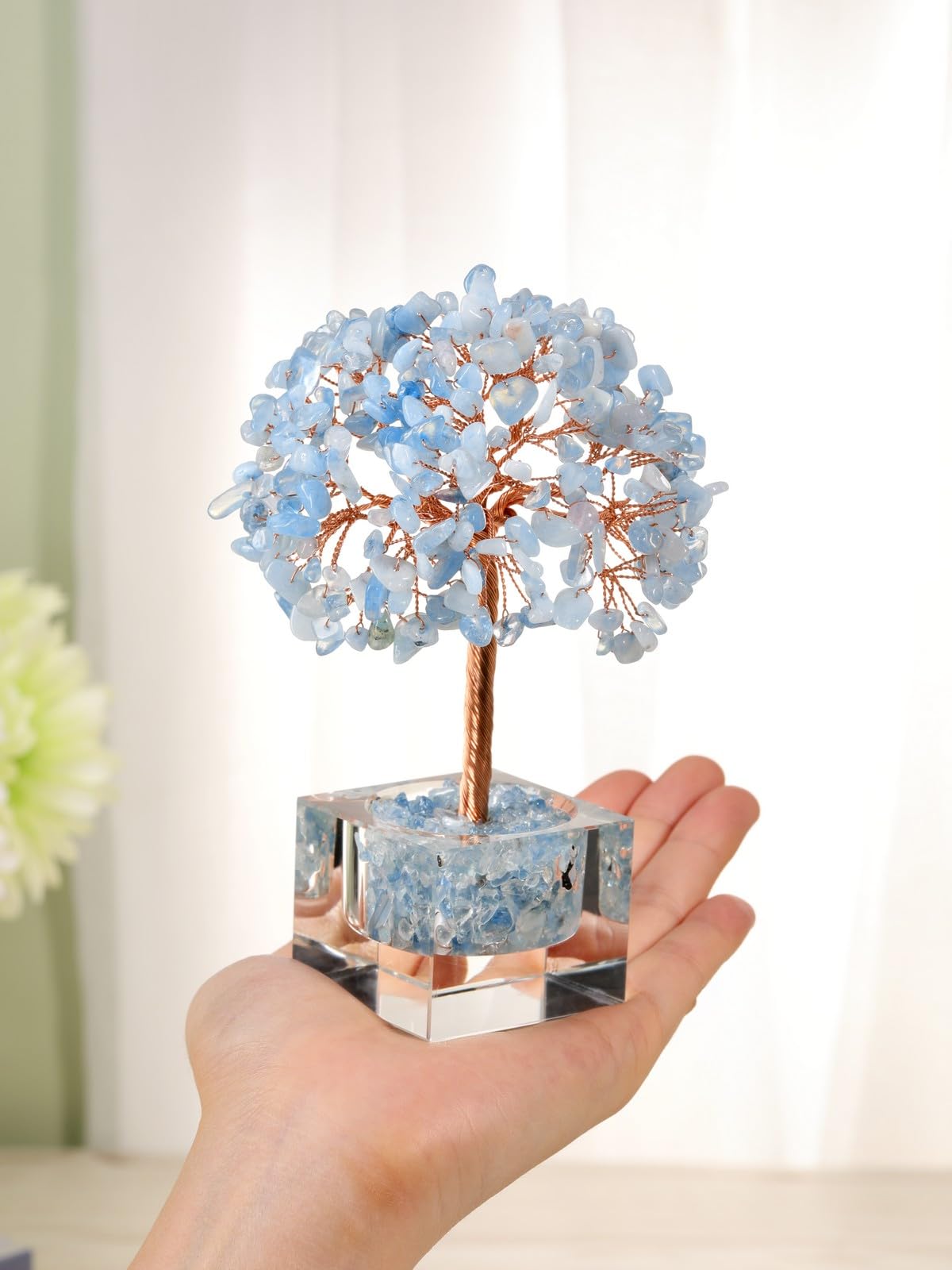 Jovivi Large Crystal Tree with Square Glass Base, Aquamarine Healing Crystals Tree Life Natural Chipped Gemstone Money Trees Feng Shui Good Luck Positive Energy Blue Home Desk Decor
