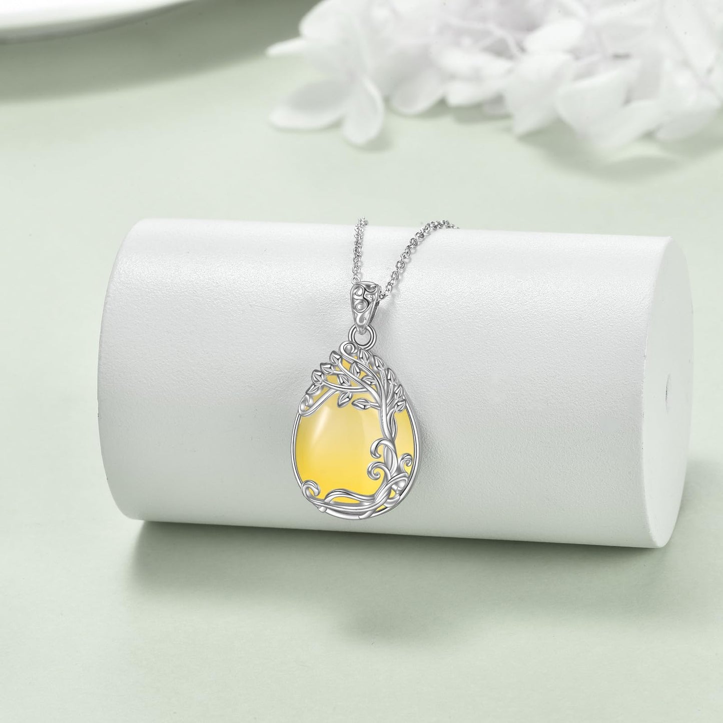 YAFEINI 925 Sterling Silver Yellow Agate Necklace Tree of Life Teardrop Pendant Necklace Jewelry for Women (LL-Tree of Life Yellow Agate Necklace)