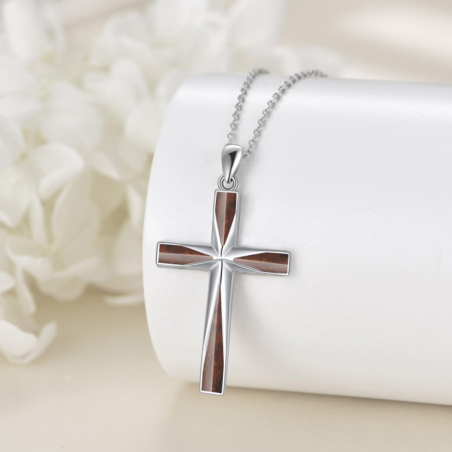 ONEFINITY Religious Wood Cross Necklace Sterling Silver Origami Cross Pendant Gifts for Women Men Jewelry (Wood Cross)