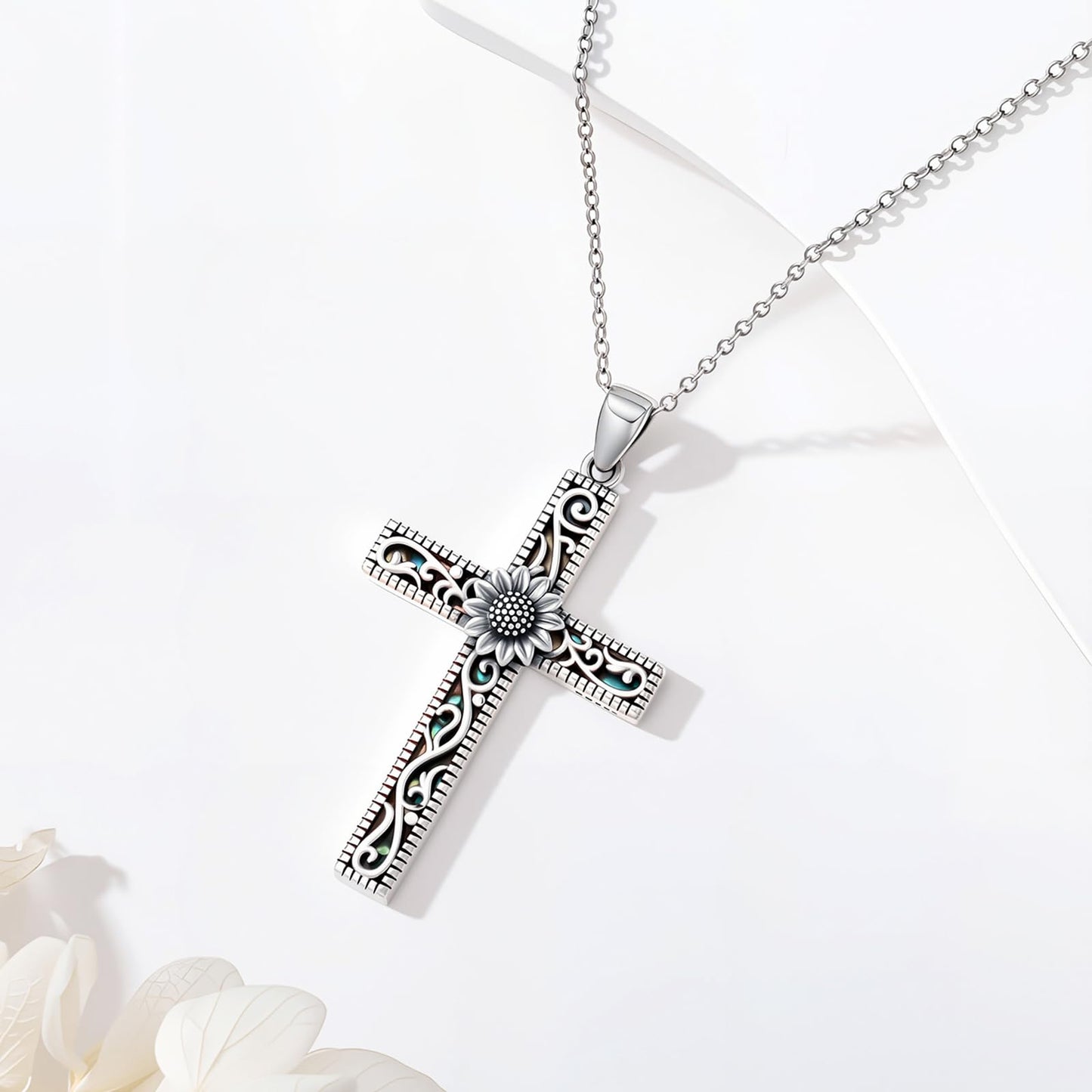 KoyeKei Sunflower Necklace for Women 925 Sterling Silver Sunflower Gifts Filigree Cross Pendant Religious Faith Graduation Jewelry Mothers Day Gift for Mom Wife Sister Christian