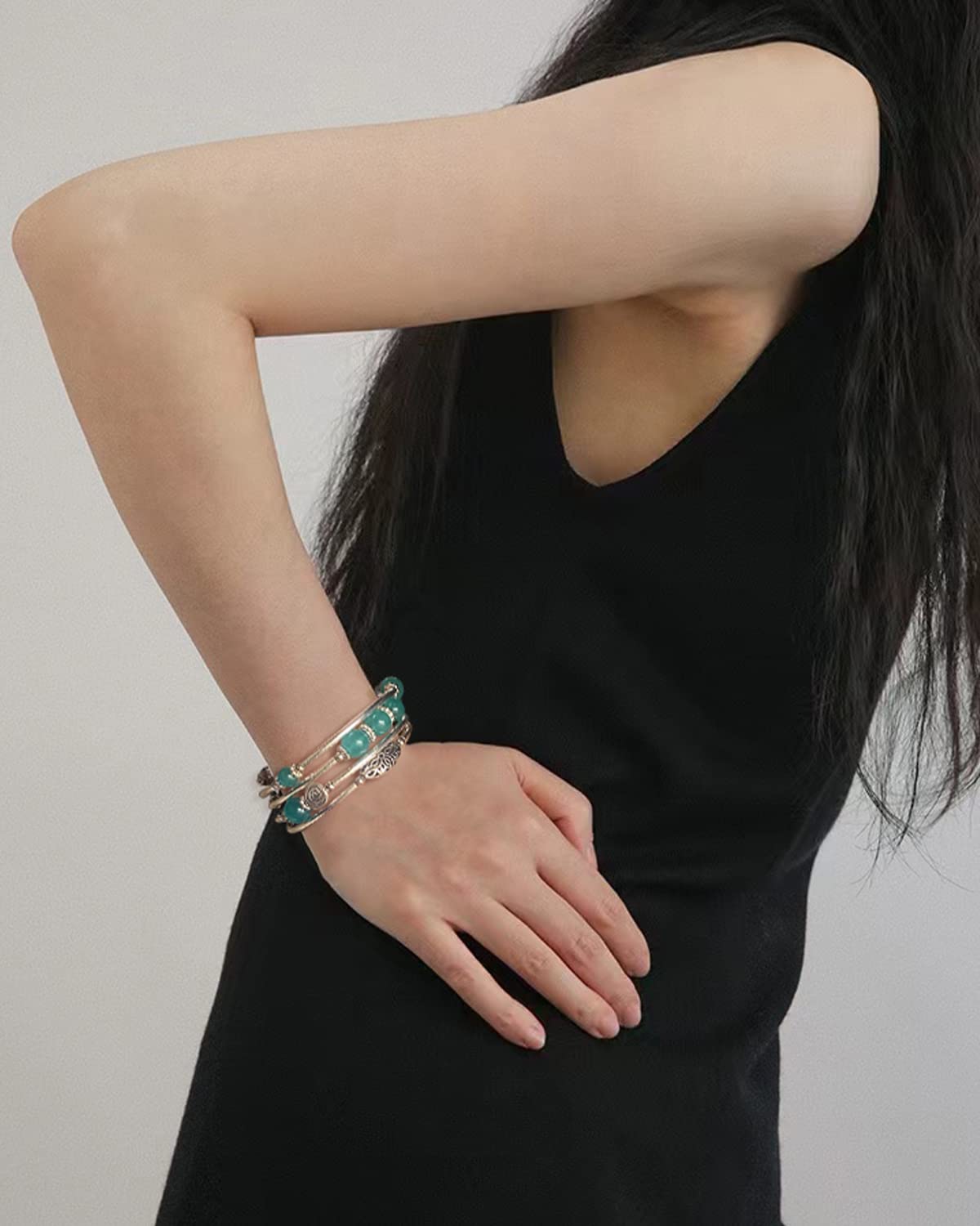 FULU AUTUMN Stackable Beaded Bracelets for Women Boho Wrap Silver Bracelet Layered Fashion Jewelry Gifts for Her(17-Sea green)